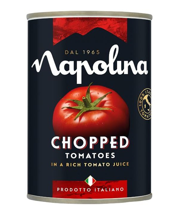 Napolina Chopped Tomatoes in a Rich Tomato Juice have an ingredients list showing the contents as 99.9 per cent tomatoes