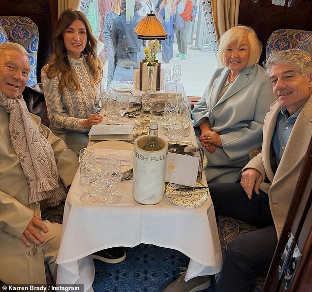 The Apprentice star joined husband Paul and her parents, Terry and Rita, as they enjoyed a glass of bubbles on the iconic, luxury vintage-inspired train