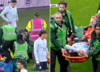 Uruguay star carried off on stretcher after sneakily pulling himself back onto pitch in England friendly