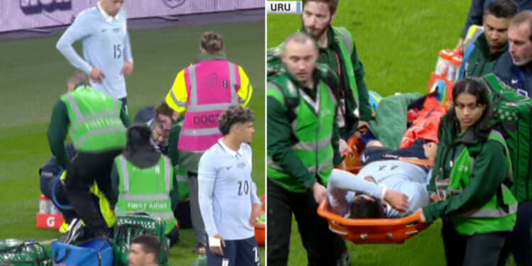 Uruguay star carried off on stretcher after sneakily pulling himself back onto pitch in England friendly
