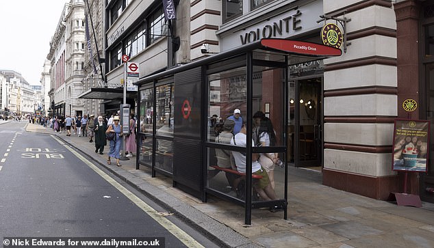 A gang, thought to be armed, grabbed her backpack, stealing her bank cards and cash. Pictured: The bus stop next to Waterstones on Piccadilly in London