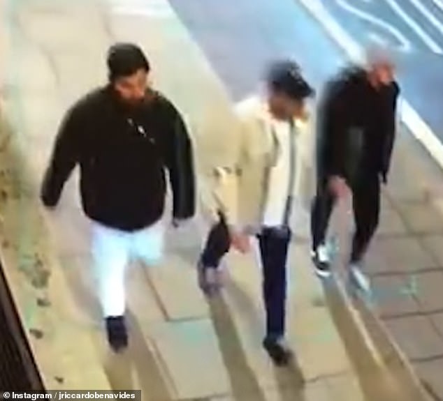 His three attackers targeted him (pictured, on CCTV footage) as he left the Cavalry & Guards Club