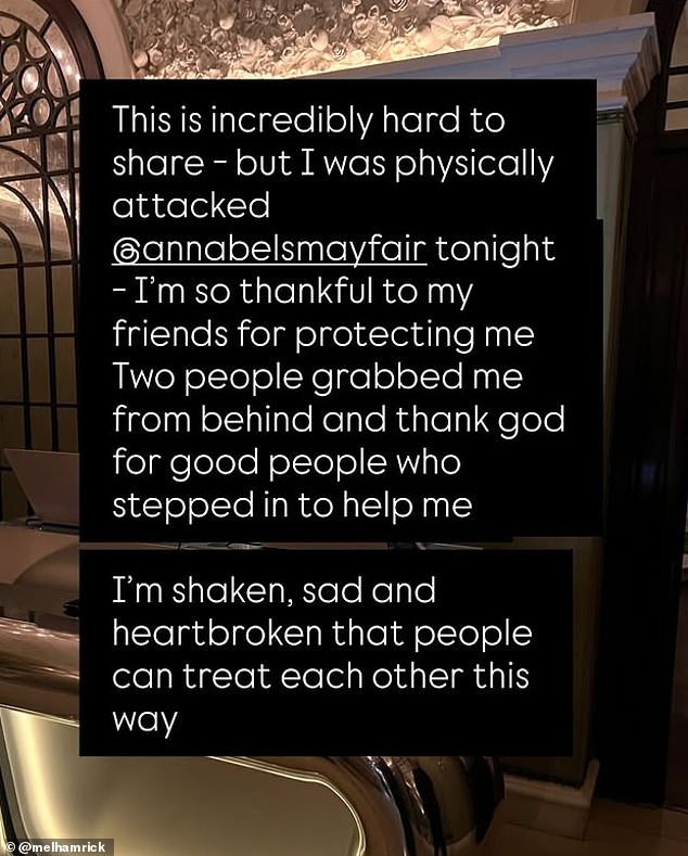 The retired ballerina, 38, said two attackers grabbed her from behind, leaving her 'shaken' and 'heartbroken'  (Pictured: The post she shared to Instagram after the incident)