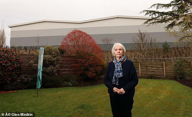 Patricia Court stands in front of the warehouses, that have been built by developer PLP, at the bottom of her garden