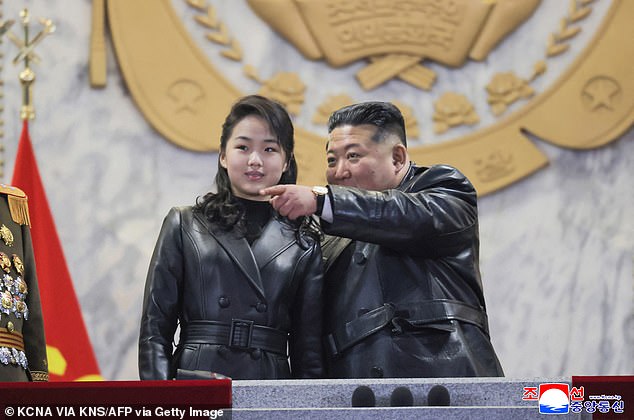 On several recent outings Kim Ju-Ae has worn matching black leather attire to her father to symbolise their special bond. Pictured: The pair at a military parade in Kim Il-Sung Square in Pyongyang last month