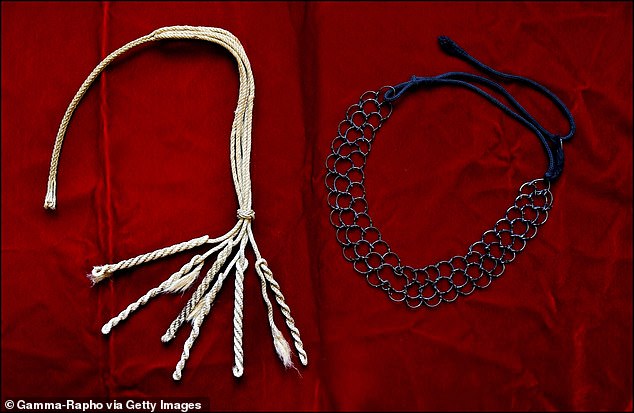 Pictured: The cilice (spiked garter) and discipline (small whip) used by members of Opus Dei