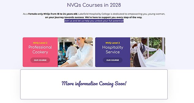Pictured: Lakefield's website, which claims courses will start running in 2028