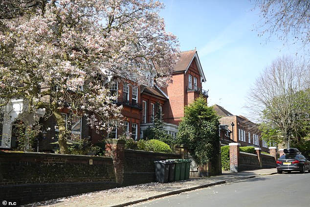 Pictured: The complex's neighbouring mansions on the blossom-lined street