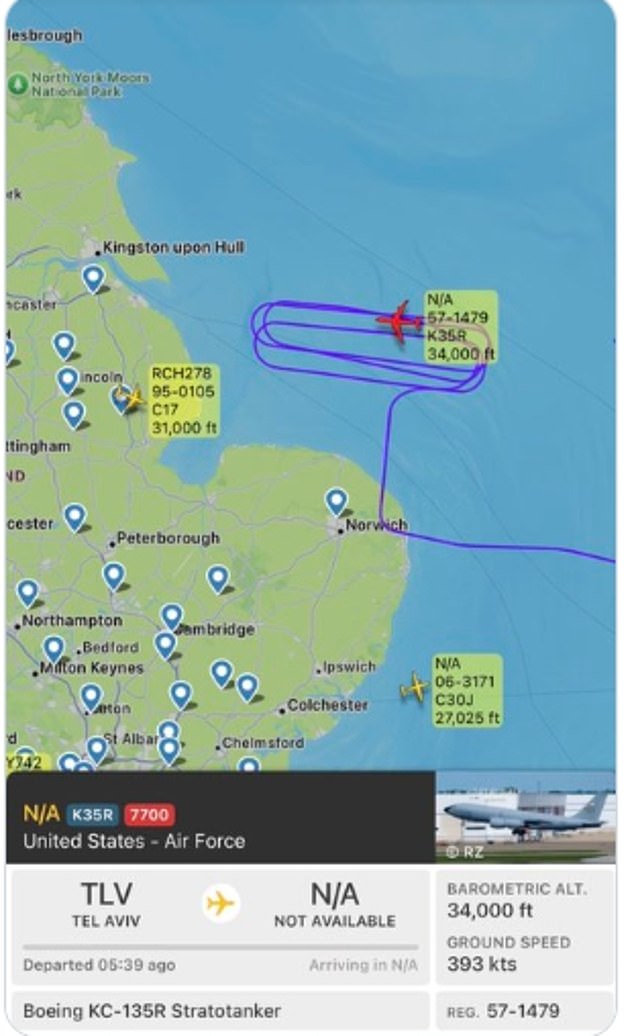 A United States Air Force plane declared an emergency as it flew into a UK base from Israel