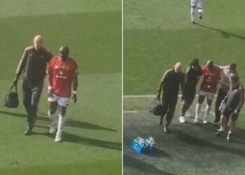 ‘Peak Louis Saha’ - Man Utd icon limps off in pain as he injures himself scuffing shot wide in Legends game