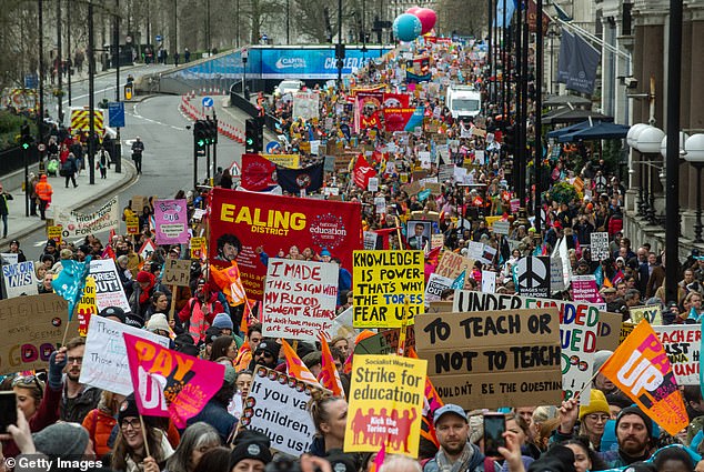 The NEU is currently running a ballot of members over whether to strike over pay, workload and school funding Pictured: Tens of thousands of teachers marched in London in 2023 as they staged a strike over better working conditions and better pay