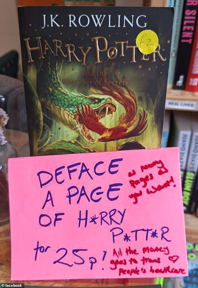 Garfield's comments came after a trans-owned bookshop invited customers to vandalise Rowling's Harry Potter novels this week. Pictured: The business's sign for shoppers