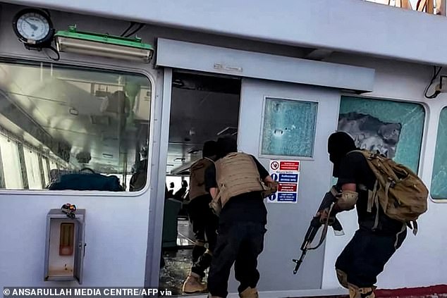Iran has disrupted shipping in the Strait of Hormuz, through which about 20 percent of the world's oil passes, in a bid to pressure the US to end the war. It is a strategy the Houthis have used in the Red Sea in the past. Houthi soldiers are pictured boarding a commercial vessel