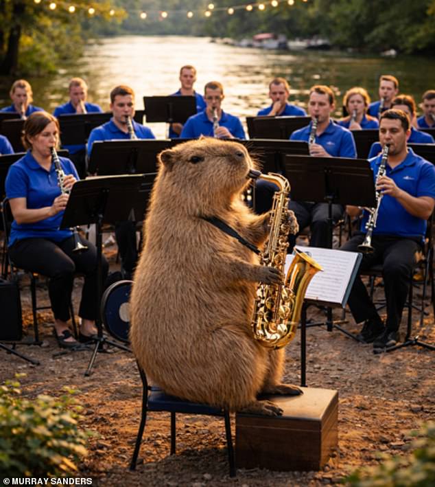 An AI-generated photo shows Samba playing the saxophone with the Riverside Concert Band