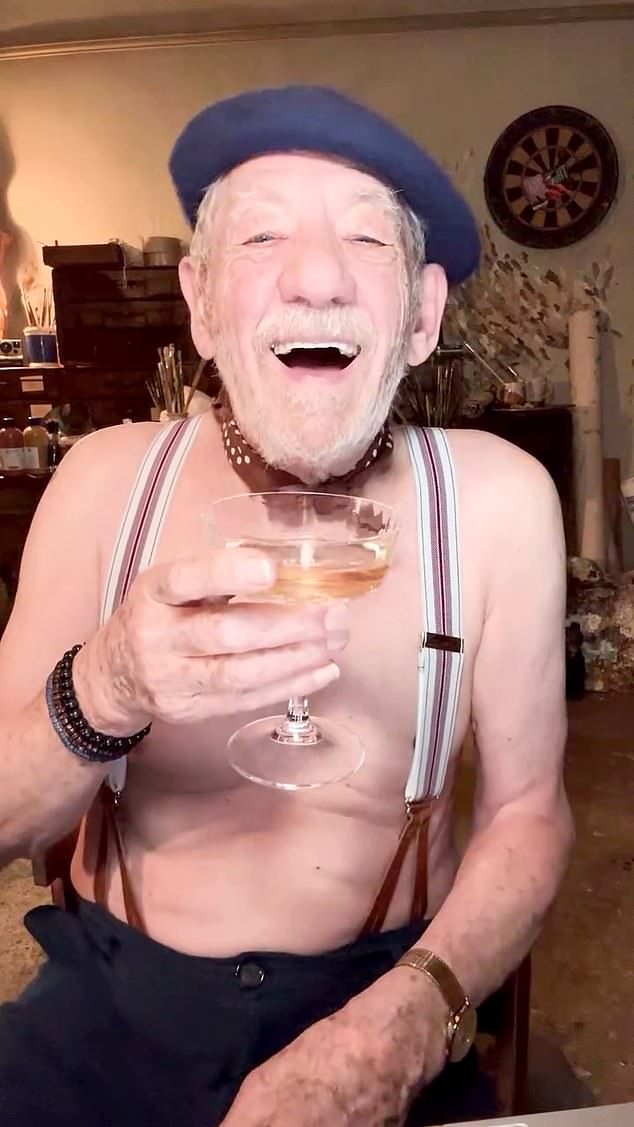 Sir Ian McKellen, 86, sports a beret and a glass of fizz by way of promotion for his upcoming film, The Christophers