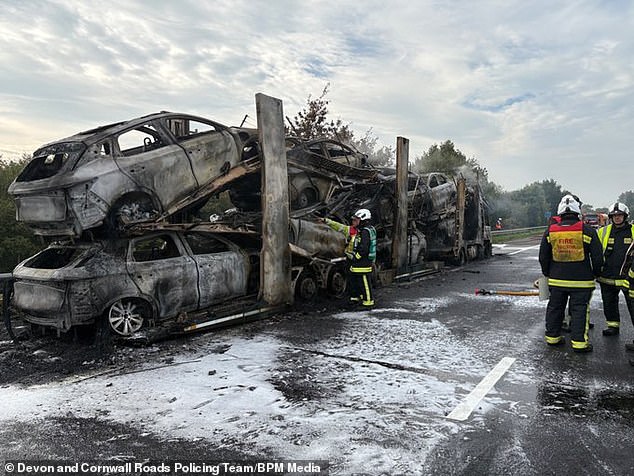Fires involving electric or hybrid vehicles can be particularly dangerous, but experts say that they are not more likely to catch fire than fossil fuel vehicles. Pictured: The aftermath of a fire that consumed nine electric vehicles on the M5 in October
