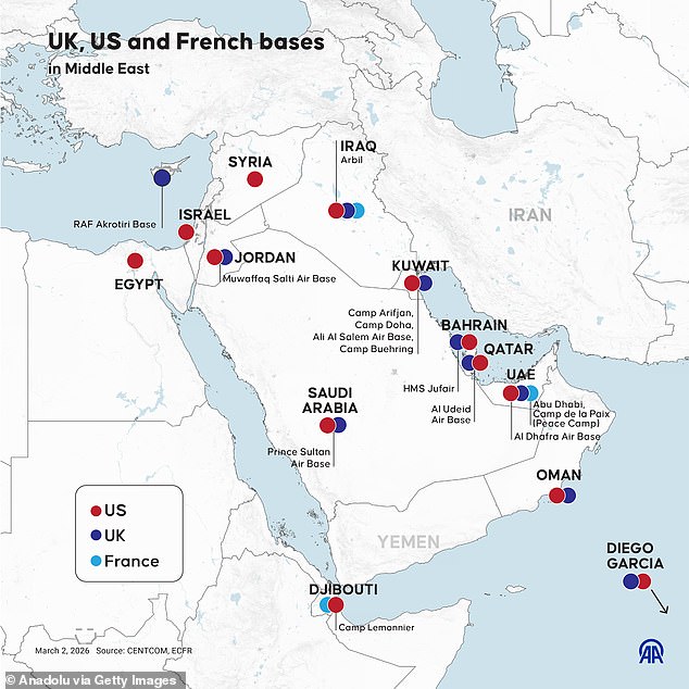 The image above shows UK, US and French bases across the Middle East