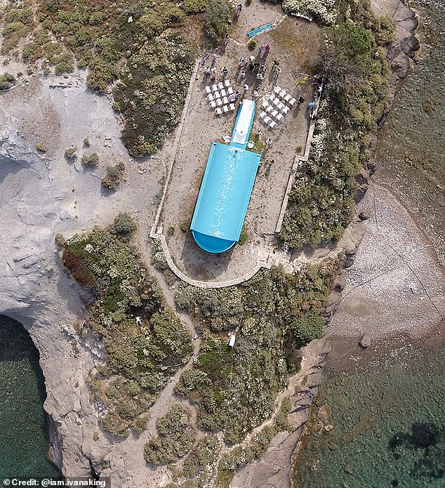 An aerial view of the chapel the couple chose to get married in, on the tiny Greek island of Kastri in Kos