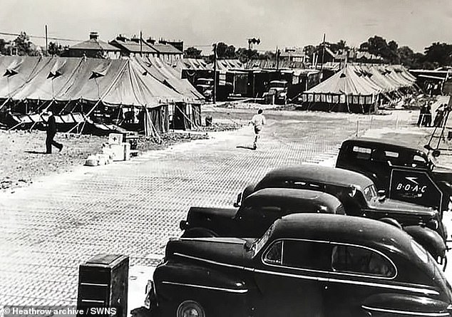 Pictured: Cars parked and tents used as terminal buildings in the early days of Heathrow airport in 1946