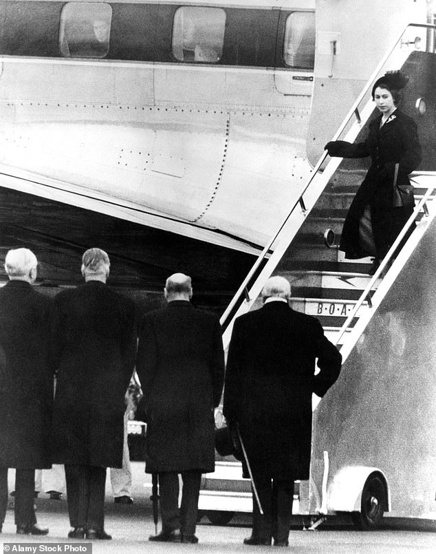 Pictured: Princess Elizabeth returned to England as Queen on February 7, 1952 following the death of her father King George VI. R-L: Winston Churchill, Clement Attlee, Anthony Eden and Lord Woolton