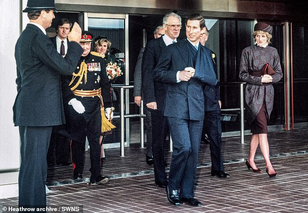 Prince Charles, pictured with a sling around his left arm, and Princess Dianna at the inauguration of Terminal 4 in 1986