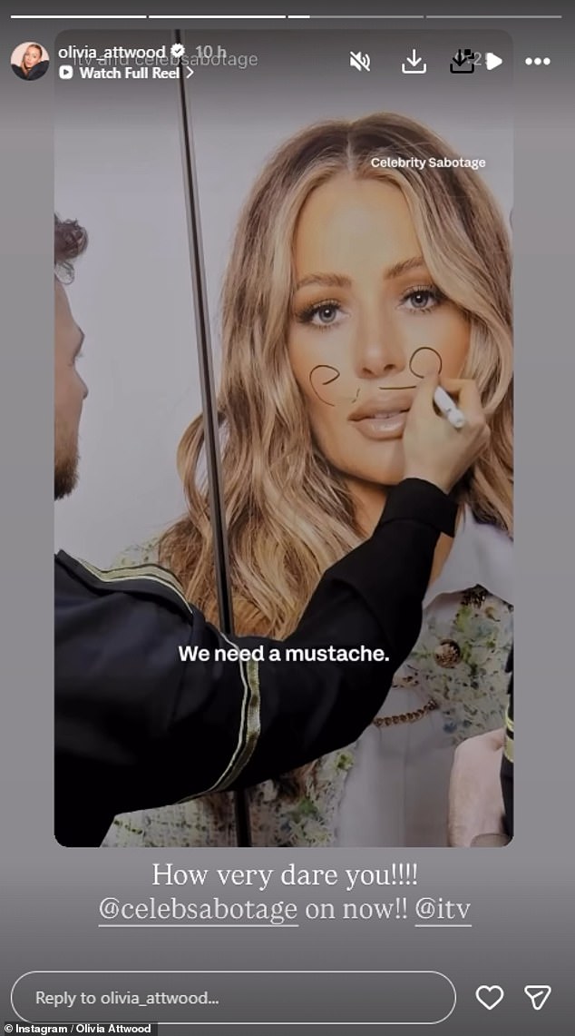 The star reposted two clips from her appearance on Sabotage, including one showcasing her photo proudly on display in the ITV headquarters