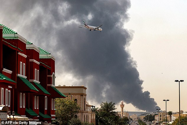 Oil-rich city-states have been accused of a heavy-handed clampdown that aims to protect their 'carefully constructed brand'. Pictured: An Emirates aircraft prepares for landing as a smoke plume rises from an ongoing fire near Dubai International Airport on March 16