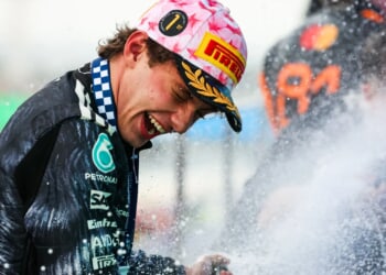 Kimi Antonelli, 19, celebrates becoming youngest F1 title leader with sparkling rose water… as he's too young for fizz