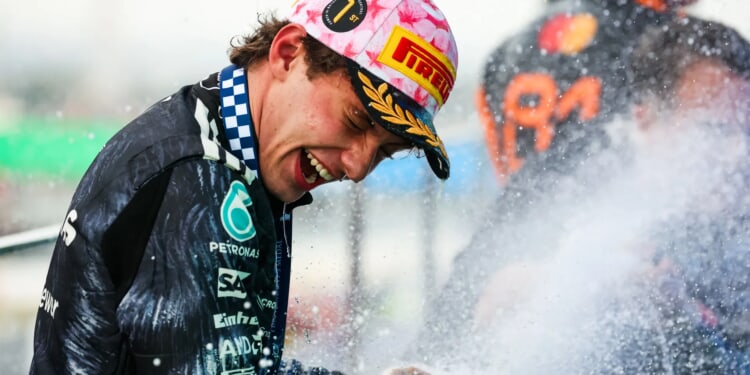 Kimi Antonelli, 19, celebrates becoming youngest F1 title leader with sparkling rose water… as he's too young for fizz