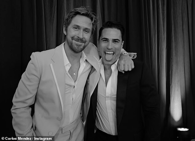 The Hollywood star, 45, was onstage to promote his new film, Project Hail Mary, but instead chose to praise and boost the profile of his longtime partner Eva Mendes' brother, Carlos Mendez (seen together)