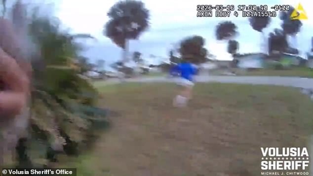 An officer's body cam captured Cruz taking off. The cop in pursuit can be heard saying: 'We got one running'