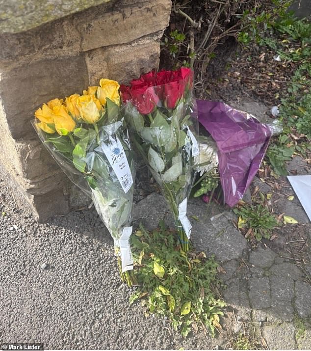 Bunches of roses and chrysanthemums left outside Chloe's mother's home, in Cleckheaton