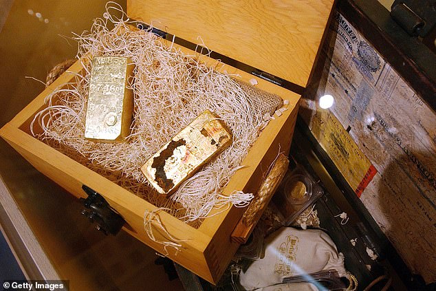 Gold bars recovered from the SS Central America on display at the Museum of American Finance