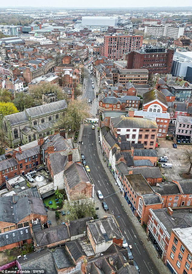 An aerial image of the scene where seven people were injured in Derby after a car hit pedestrians