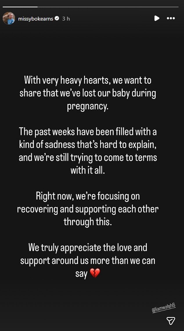 The midfielder shared the heartbreaking news in a social media story on Instagram on Sunday