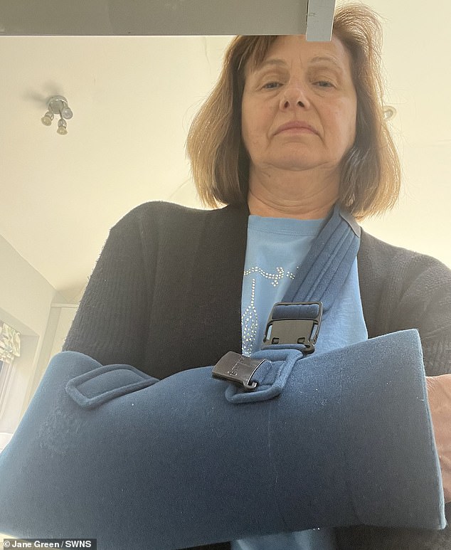 Ms Green (pictured) was brought to hospital by paramedics where an x-ray confirmed she had fractured her shoulder