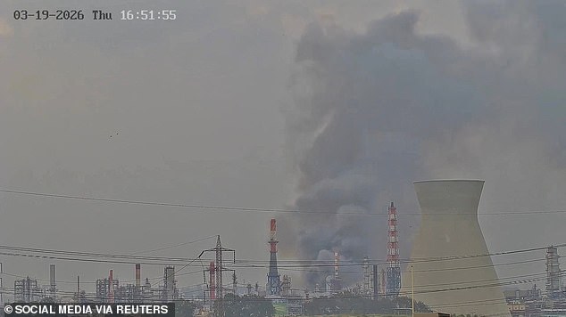 CCTV footage shows smoke rising from Israel's Haifa refinery after a reported Iranian attack,on 19 March