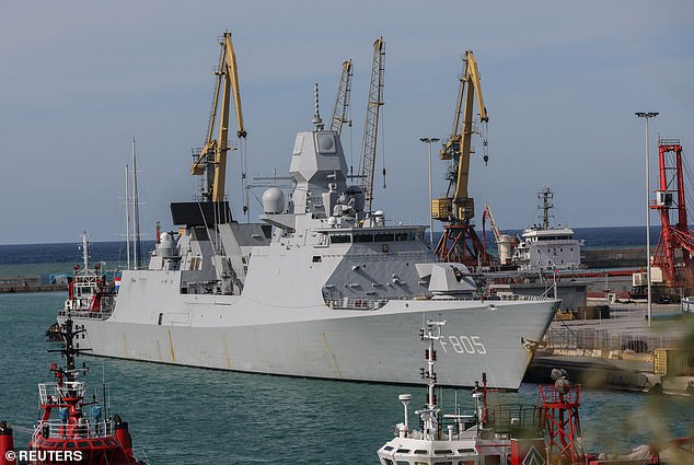 The Dutch frigate HNLMS Evertsen, part of a joint European mission to send defence assets to Cyprus for protection, is docked at the port of Heraklio