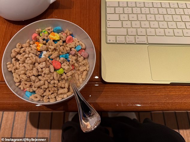 And she enjoyed a bowl of kids' alphabet cereal with small marshmallow treats while cheating on her diet as she worked on her laptop