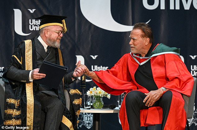 Schwarzenegger shared a moment with Ulster University Chancellor Colin Davidson