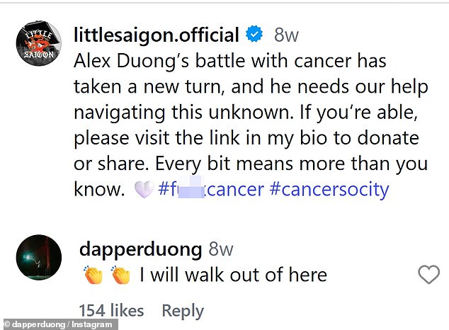 Duong then heartbreakingly commented: '[two hand clap emojis] I will walk out of here'