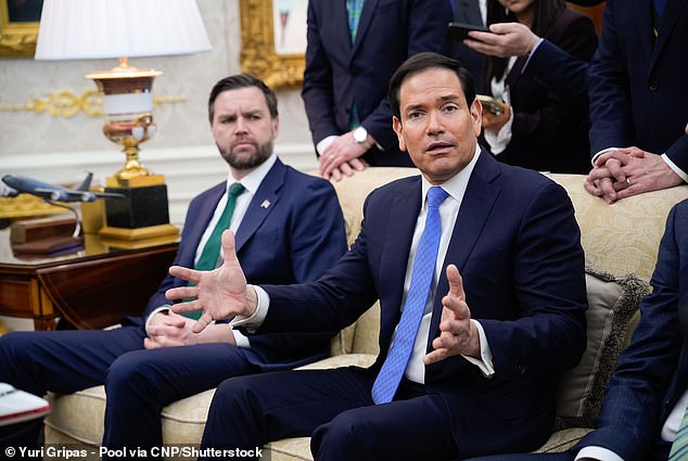 Dershowitz's book outlines how Trump could take up the Vice Presidency as the running mate of a close ally like JD Vance or Marco Rubio, who would then agree to troll the Democrats by ceding the role to him once elected. (Pictured: Vance and Rubio in the Oval Office in March)