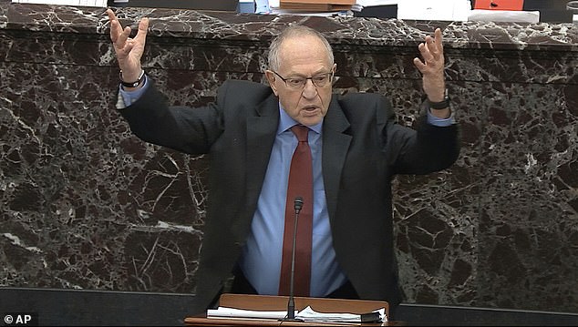 Dershowitz is pictured defending Trump during his impeachment trial in January 2020