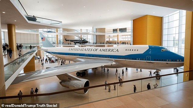The highlights include what appears to be an Air Force One Boeing 747 jet inside the lobby