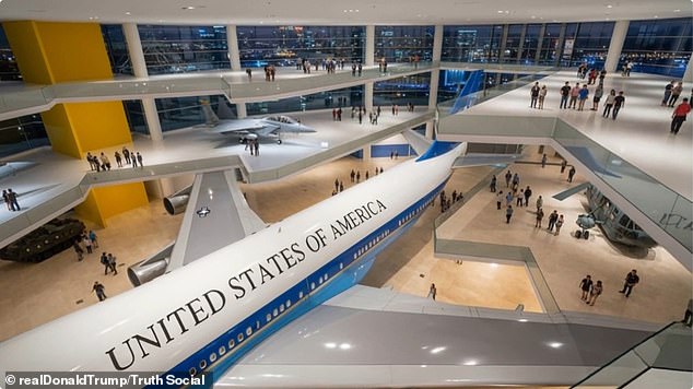 Air Force One takes pride of place in the central atrium of the building