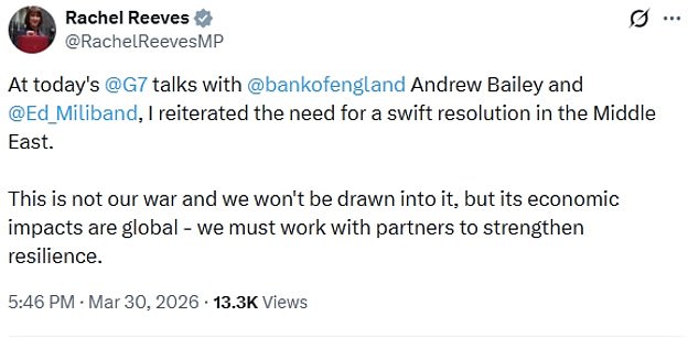 Chancellor Rachel Reeves held discussions with G7 counterparts on Monday