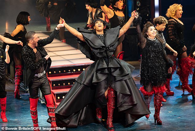 (L-R) Matt Cardle, Strictly's Johannes Radebe and Courtney Bowman step forward for the curtain call after performing in Kinky Boots The Musical