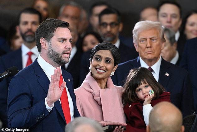 During a lengthy interview the second lady said she provides 'meaningful input' from the perspective of someone who loves him and wants him to succeed. Pictured, Vance is sworn in as US vice president in January 2025