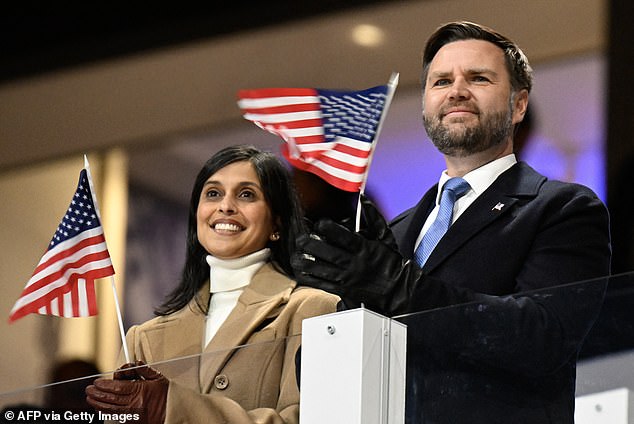 The second lady said she does not feel pressure as the first Hindu second lady, calling it just one part of the role’s 'novelty'. The couple are pictured at the Winter Olympics in February