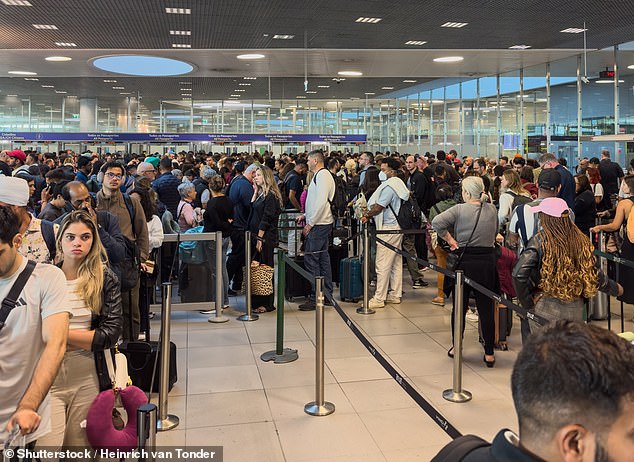 Airports across Europe have already faced long queues, including Lisbon Humberto Delgado Airport (pictured)
